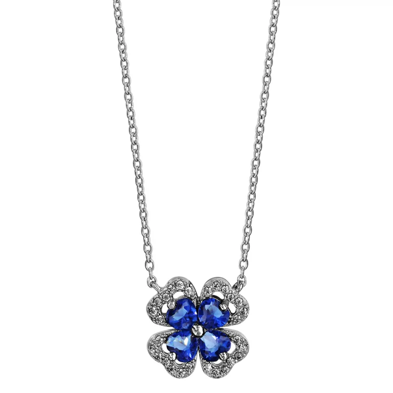 Collier trèfle à pierre synthétique bleu, oxydes blancs – Argent 925 rhodié | Azuline