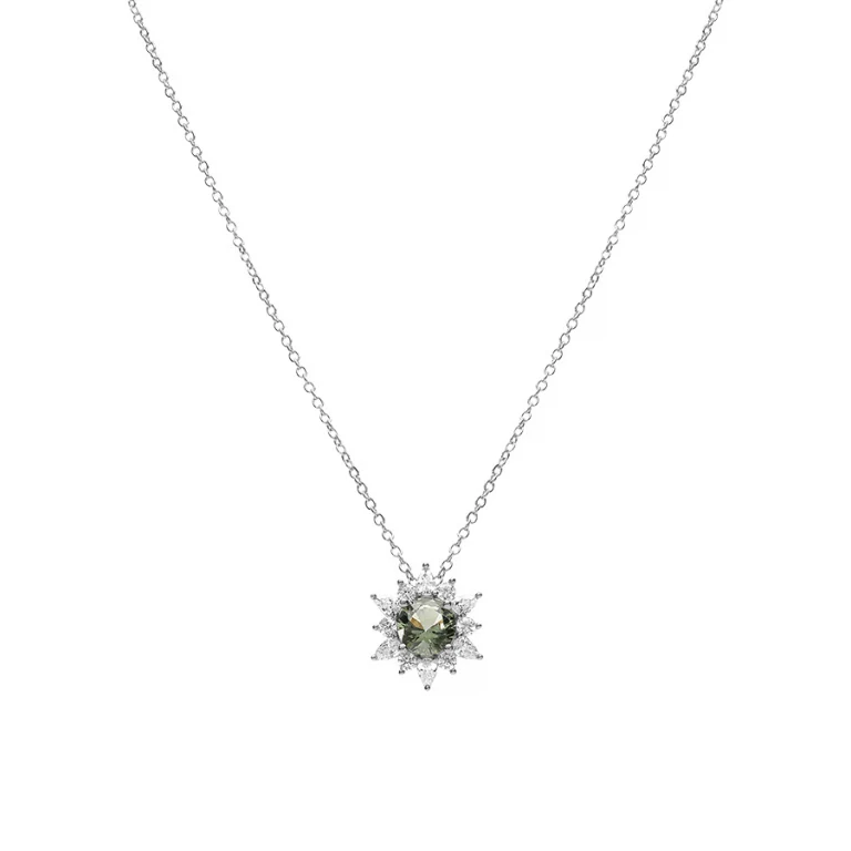 Collier fleur à oxyde vert et oxydes blancs – Argent 925 rhodié | Azuline