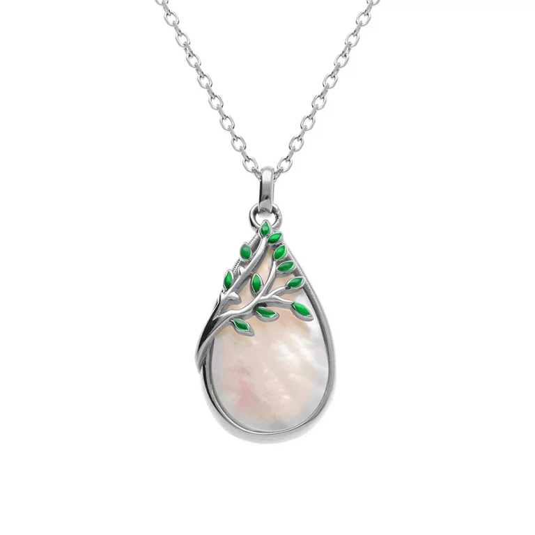 Collier ovale en nacre et feuillage en résine verte – Argent 925 rhodié | Azuline