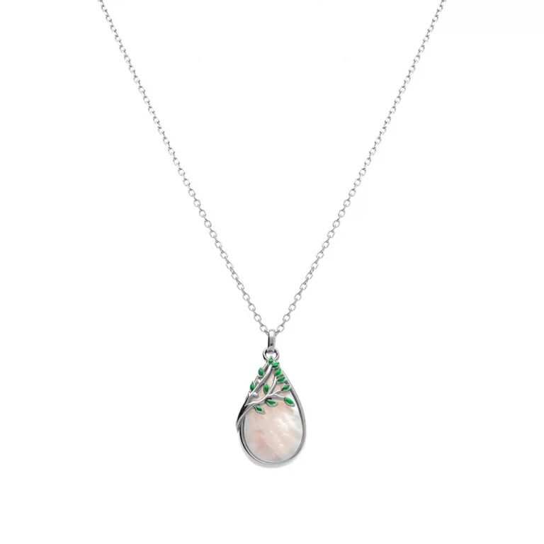 Collier ovale en nacre et feuillage en résine verte – Argent 925 rhodié | Azuline