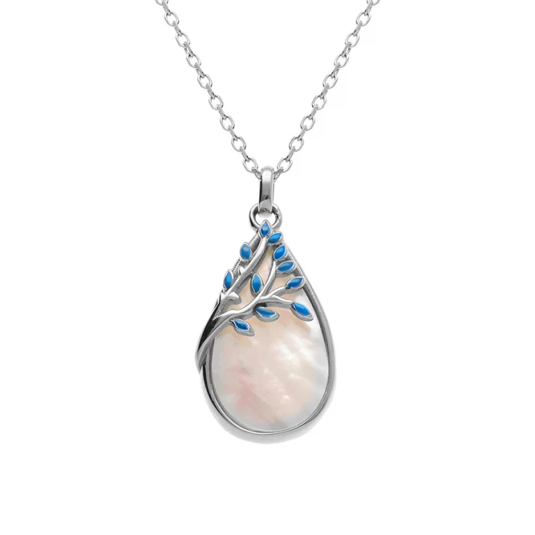 Collier ovale en nacre et feuillage en résine bleue – Argent 925 rhodié | Azuline