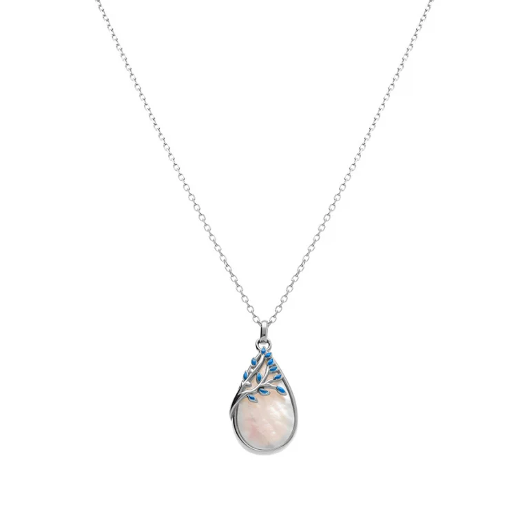 Collier ovale en nacre et feuillage en résine bleue – Argent 925 rhodié | Azuline
