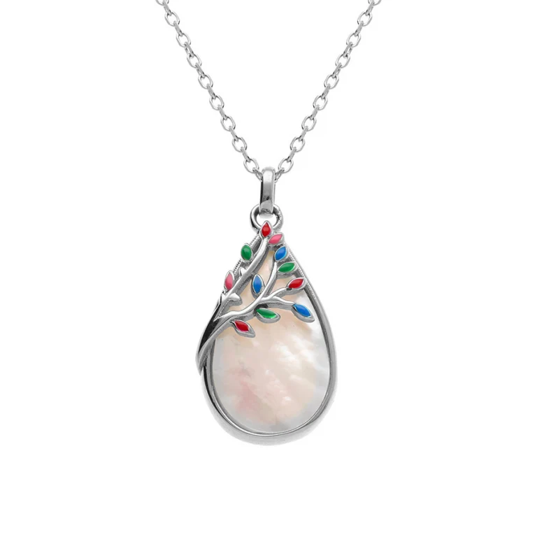 Collier ovale en nacre et feuillage en résine multicolore – Argent 925 rhodié | Azuline