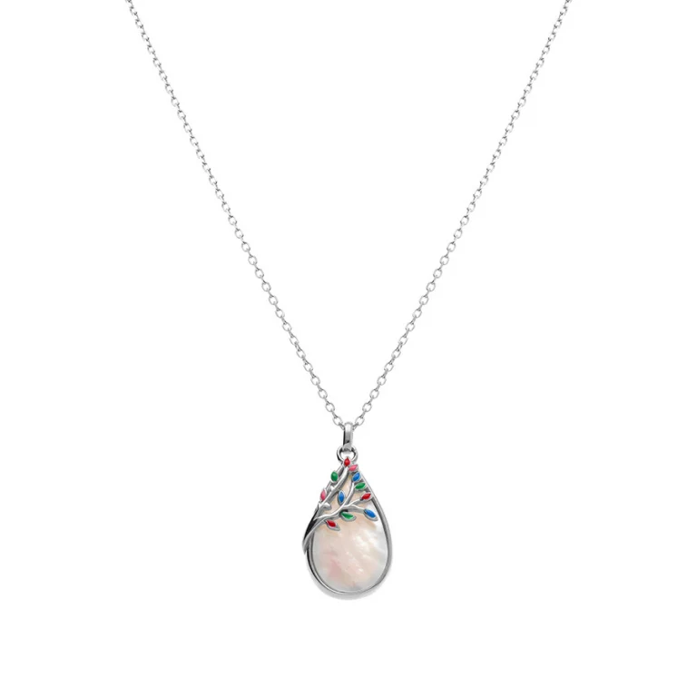 Collier ovale en nacre et feuillage en résine multicolore – Argent 925 rhodié | Azuline