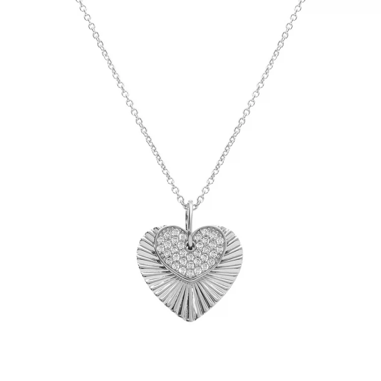 Collier cœur serti d’oxydes blancs strié – Argent 925 rhodié | Azuline
