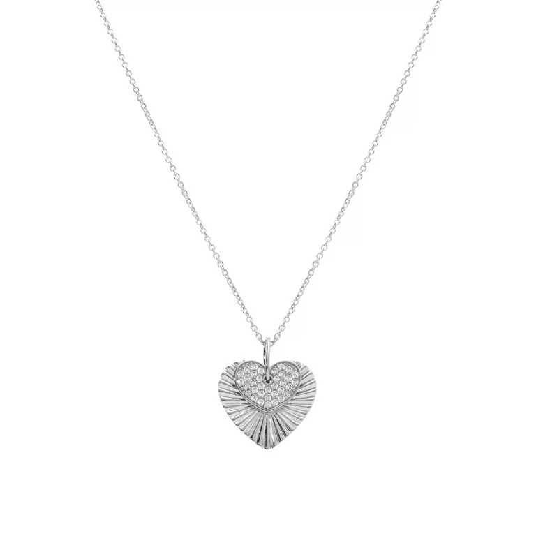 Collier cœur serti d’oxydes blancs strié – Argent 925 rhodié | Azuline