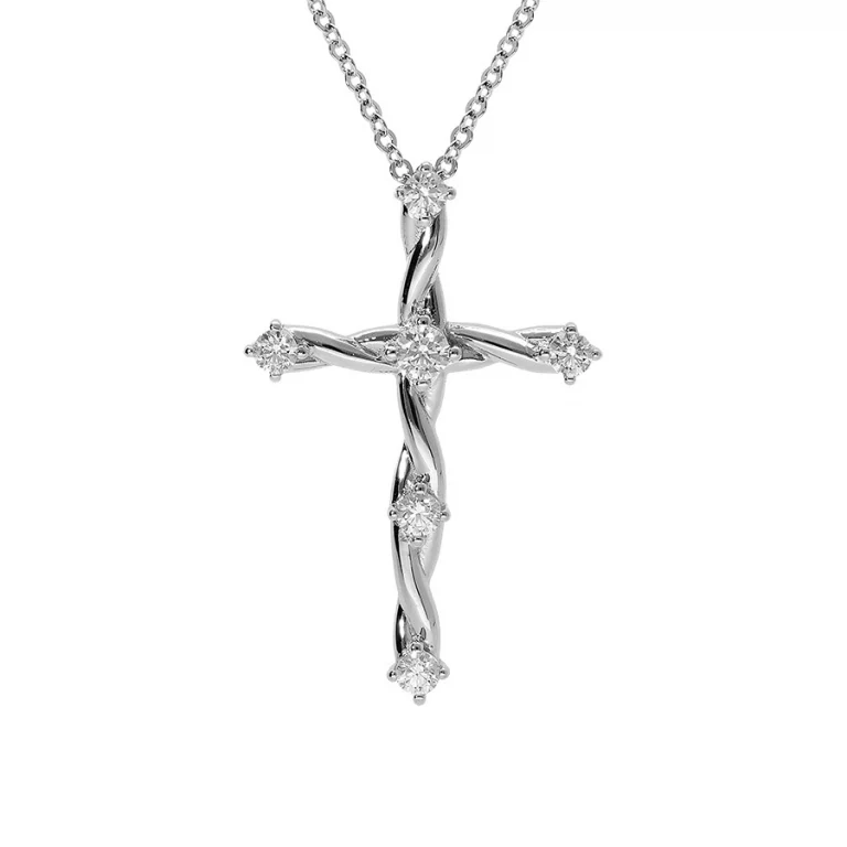 Collier croix torsadée sertie d’oxydes blancs – Argent 925 rhodié | Azuline