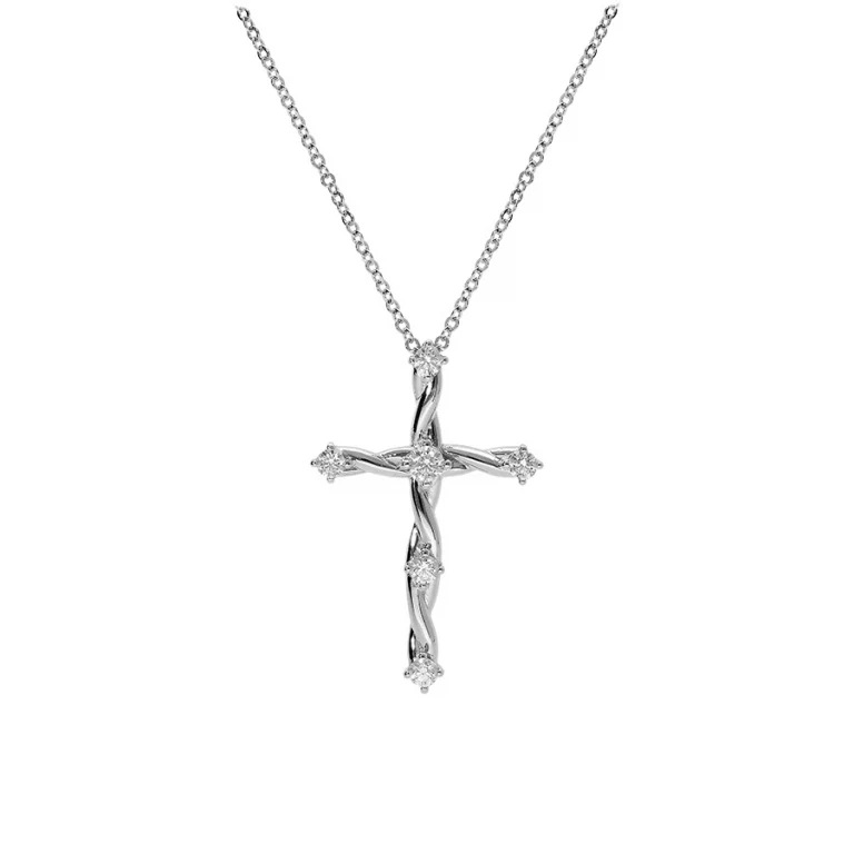 Collier croix torsadée sertie d’oxydes blancs – Argent 925 rhodié | Azuline