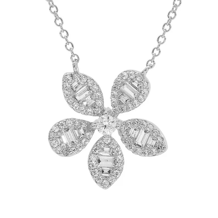 Collier fleur à pétales sertis d’oxydes blancs – Argent 925 rhodié | Azuline