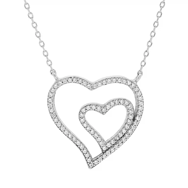 Collier grand double cœur serti d’oxydes – Argent 925 rhodié | Azuline