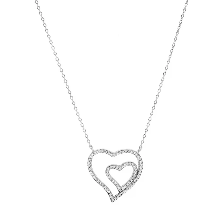 Collier grand double cœur serti d’oxydes – Argent 925 rhodié | Azuline