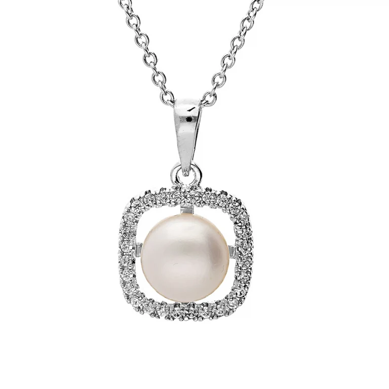 Collier carré serti d’oxydes blancs et perle de culture d’eau douce blanche – Argent 925 rhodié | Azuline