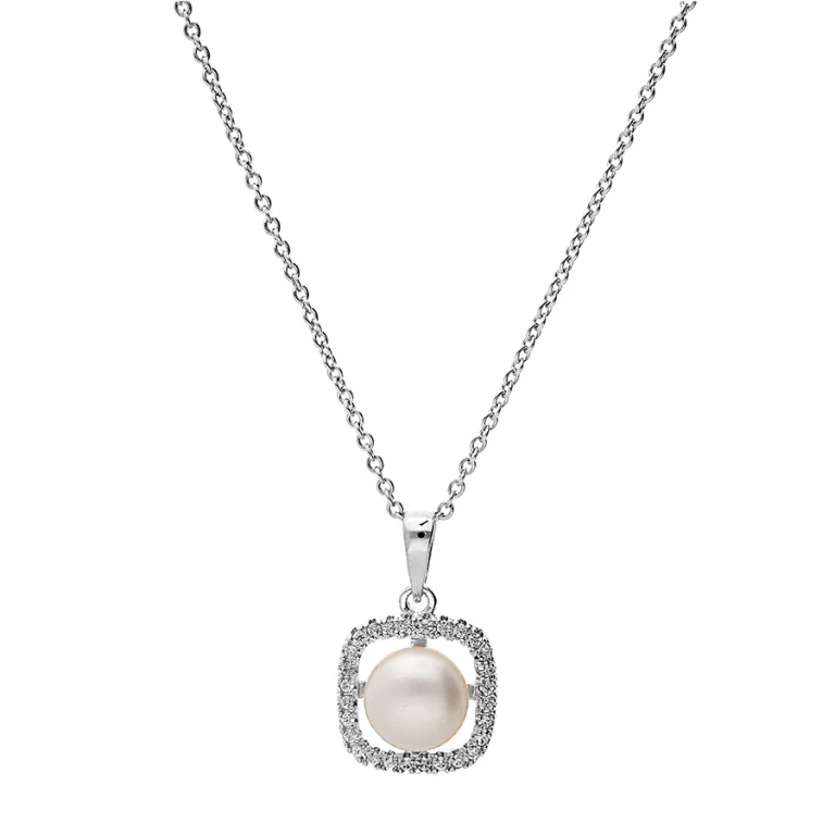Collier carré serti d’oxydes blancs et perle de culture d’eau douce blanche – Argent 925 rhodié | Azuline