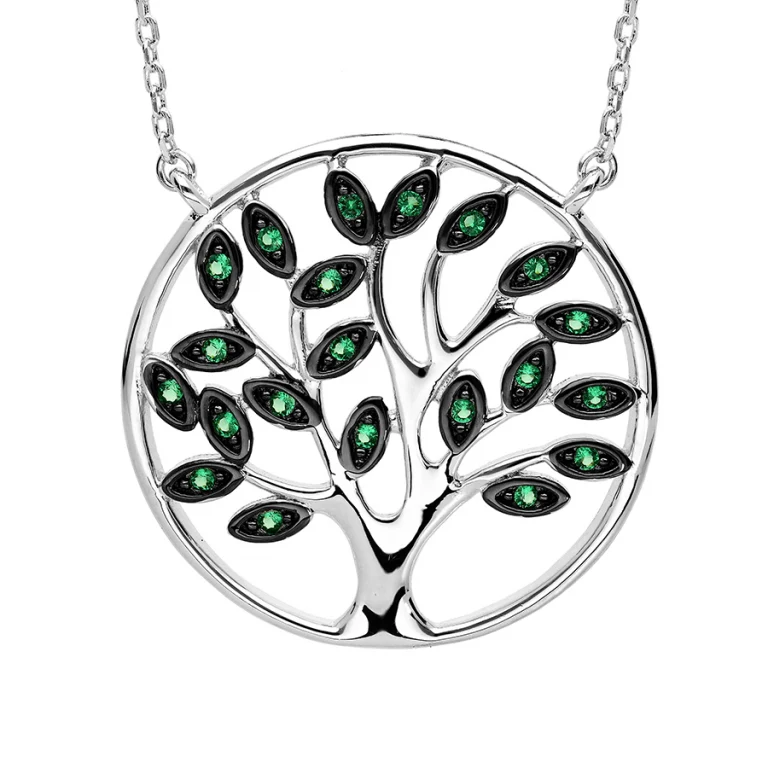 Collier arbre de vie à pierres synthétiques vertes – Argent 925 rhodié | Azuline