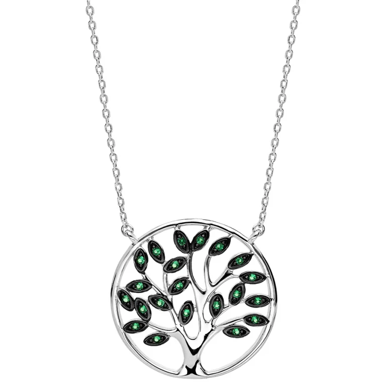 Collier arbre de vie à pierres synthétiques vertes – Argent 925 rhodié | Azuline