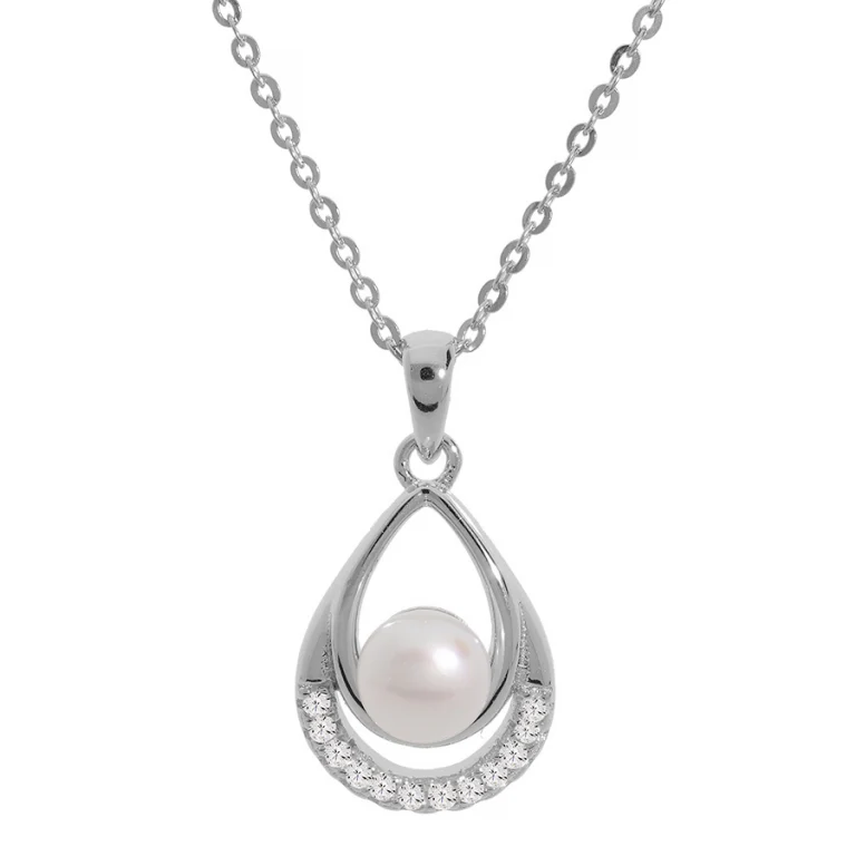 Collier goutte à perle de culture d’eau douce blanche, oxydes blancs – Argent 925 rhodié | Azuline