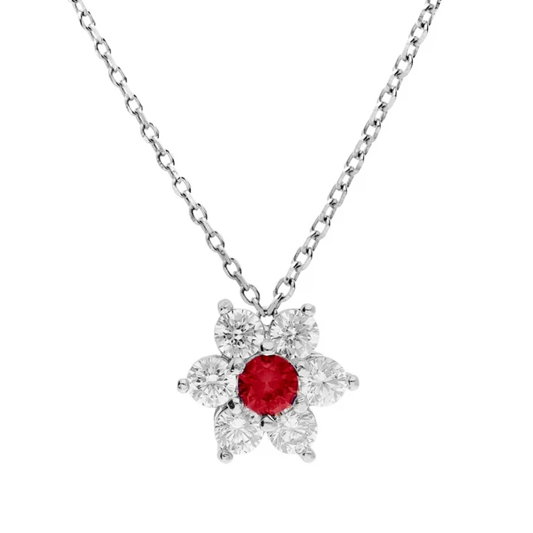 Collier fleur serti d’oxydes blancs et centre rouge foncé – Argent 925 rhodié | Azuline
