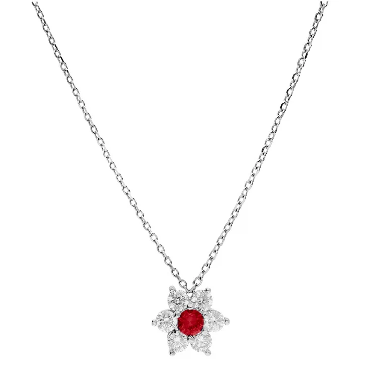 Collier fleur serti d’oxydes blancs et centre rouge foncé – Argent 925 rhodié | Azuline
