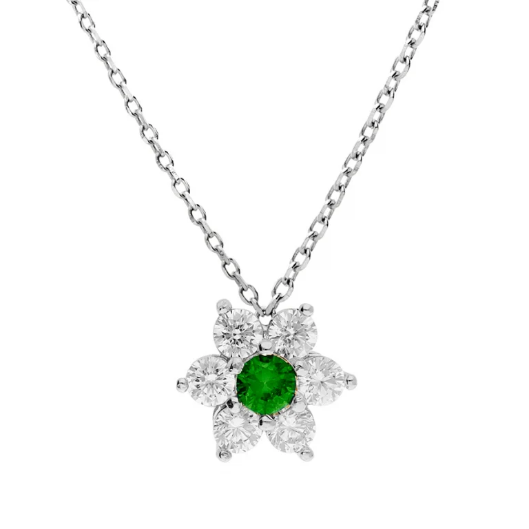 Collier fleur serti d’oxydes blancs et centre vert foncé – Argent 925 rhodié | Azuline