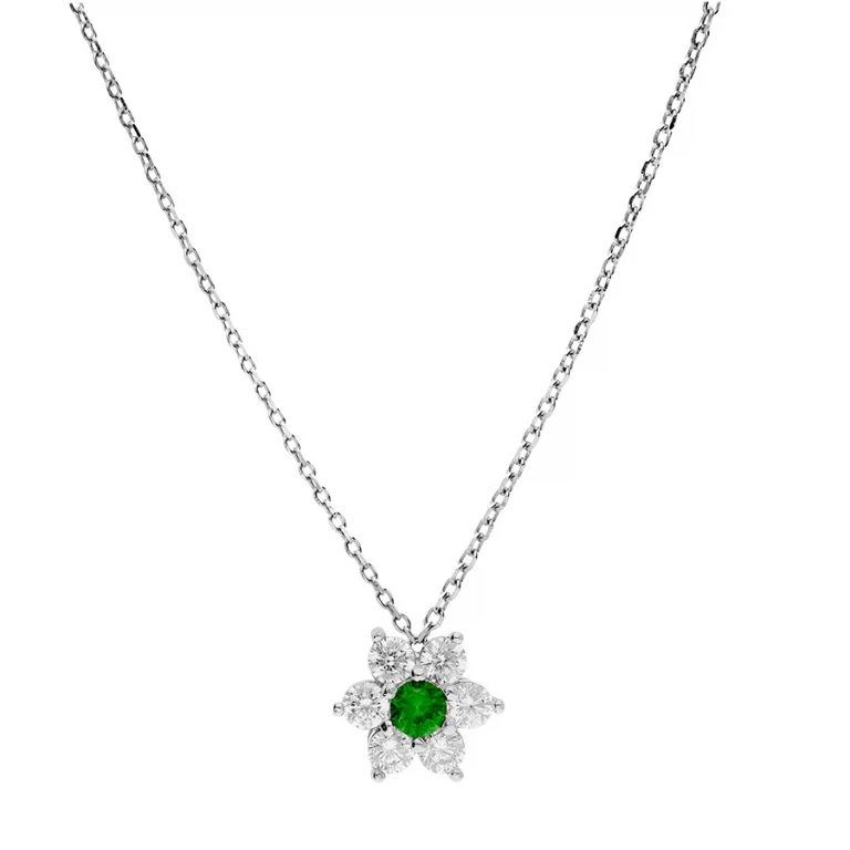 Collier fleur serti d’oxydes blancs et centre vert foncé – Argent 925 rhodié | Azuline