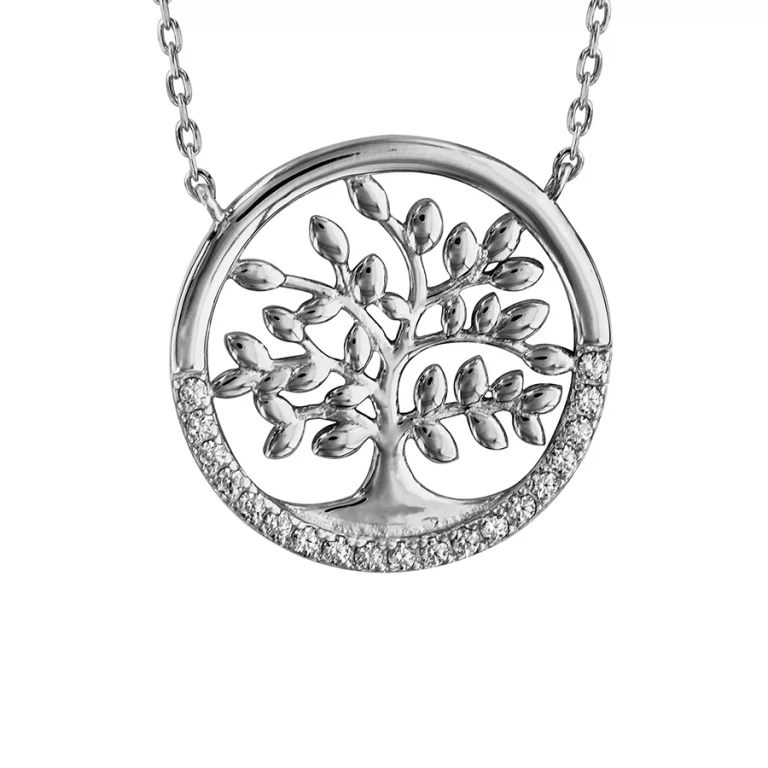 Collier arbre de vie ajouré à demi-cercle d’oxydes blancs – Argent 925 rhodié | Azuline