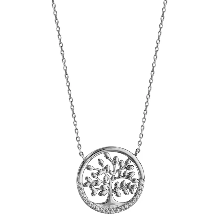 Collier arbre de vie ajouré à demi-cercle d’oxydes blancs – Argent 925 rhodié | Azuline