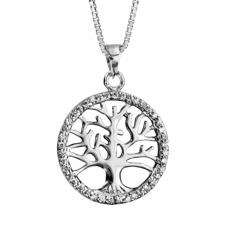 Collier arbre de vie dans un cercle serti d’oxydes blancs – Argent 925 rhodié | Azuline