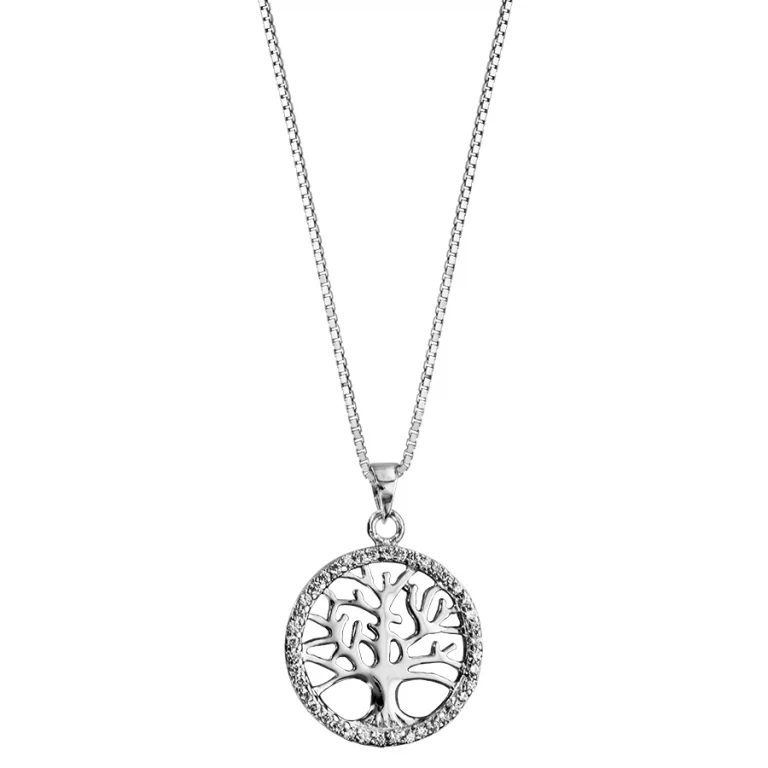 Collier arbre de vie dans un cercle serti d’oxydes blancs – Argent 925 rhodié | Azuline