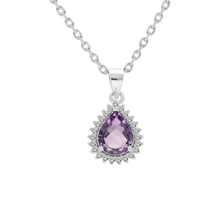 Collier goutte à améthyste véritable, oxydes blancs – Argent 925 rhodié | Azuline