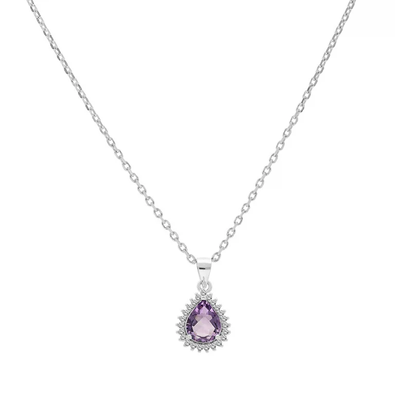 Collier goutte à améthyste véritable, oxydes blancs – Argent 925 rhodié | Azuline