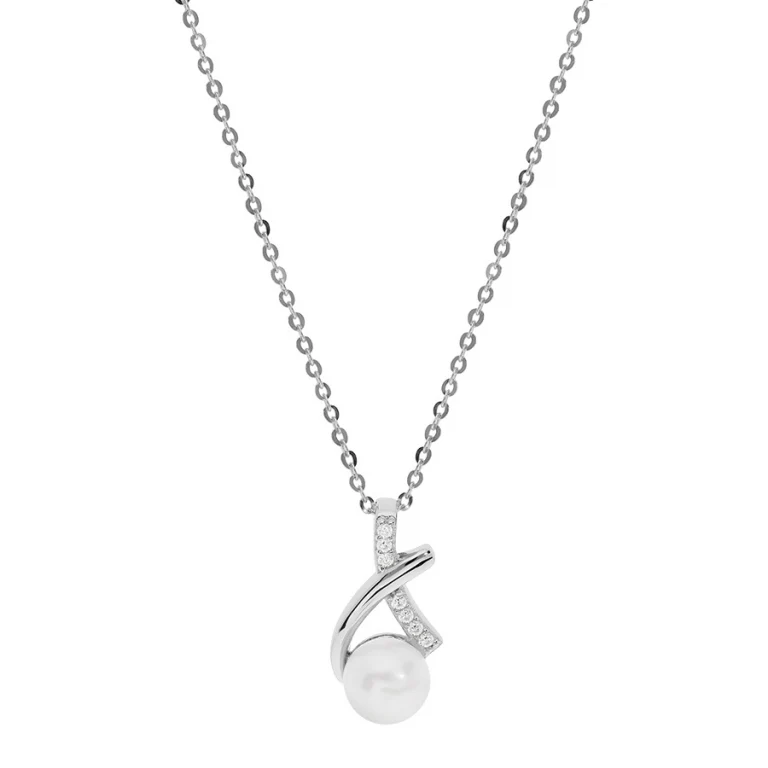 Collier pendentif à perle de culture d’eau douce blanche et oxydes blancs – Argent 925 rhodié | Azuline