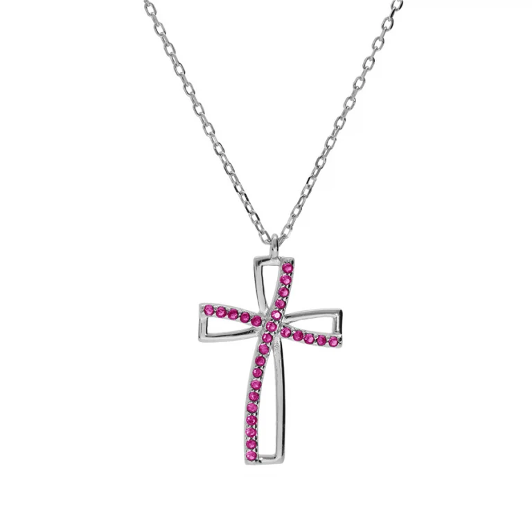 Collier croix serti d’oxydes rose – Argent 925 rhodié | Azuline