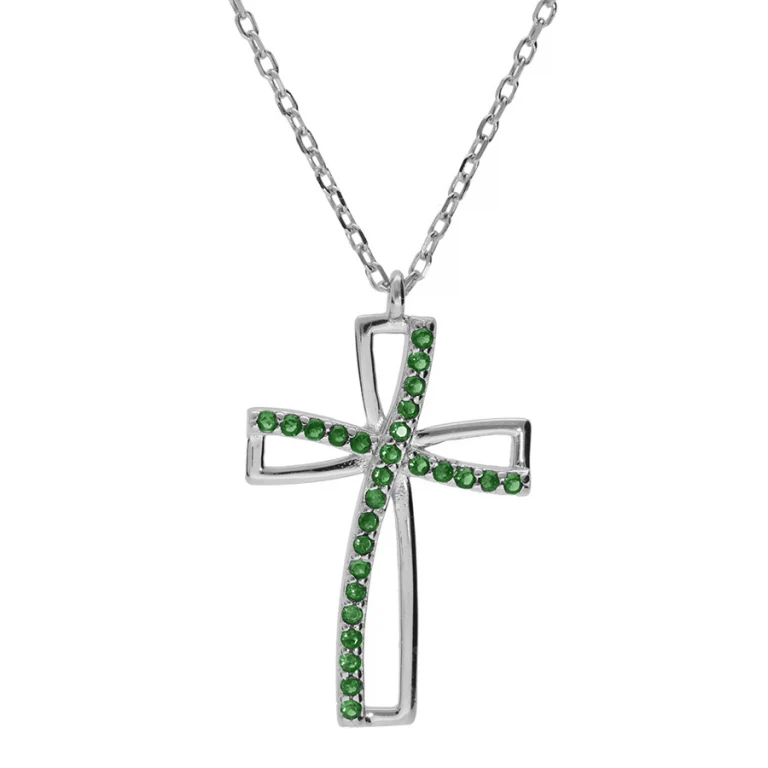 Collier croix serti d’oxydes verts ajouré – Argent 925 rhodié | Azuline