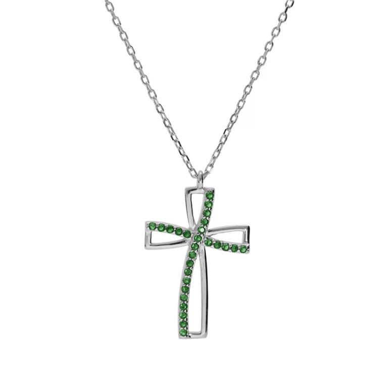 Collier croix serti d’oxydes verts ajouré – Argent 925 rhodié | Azuline