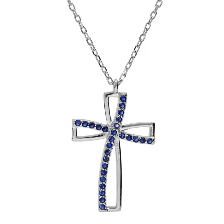 Collier croix ruban sertie d’oxydes bleus – Argent 925 rhodié | Azuline