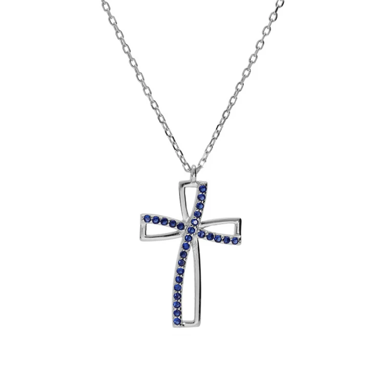 Collier croix ruban sertie d’oxydes bleus – Argent 925 rhodié | Azuline