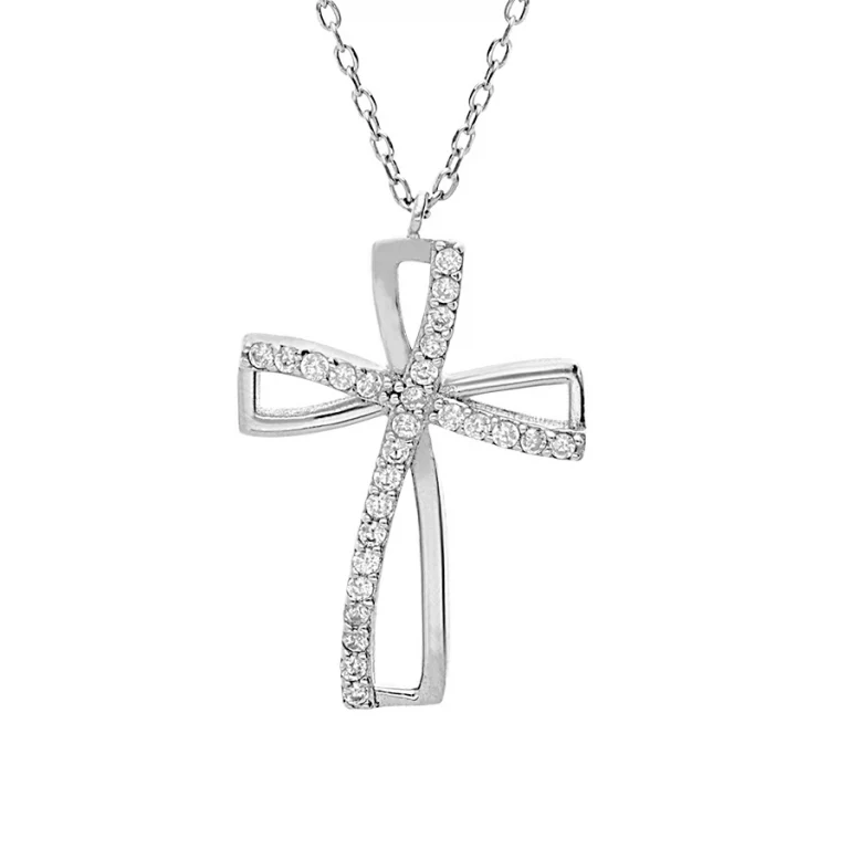 Collier croix ruban sertie d’oxydes blancs – Argent 925 rhodié | Azuline