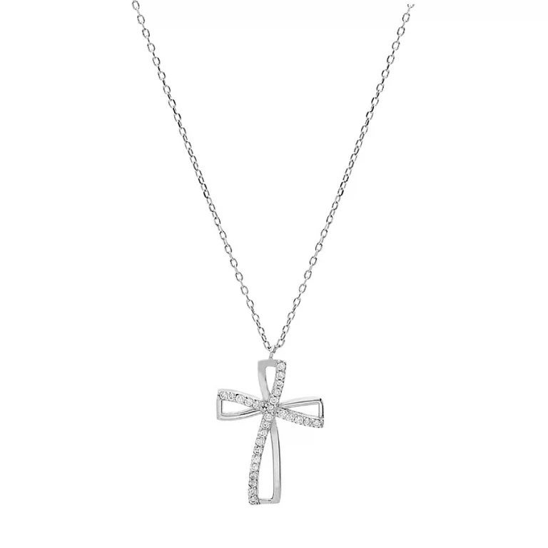 Collier croix ruban sertie d’oxydes blancs – Argent 925 rhodié | Azuline