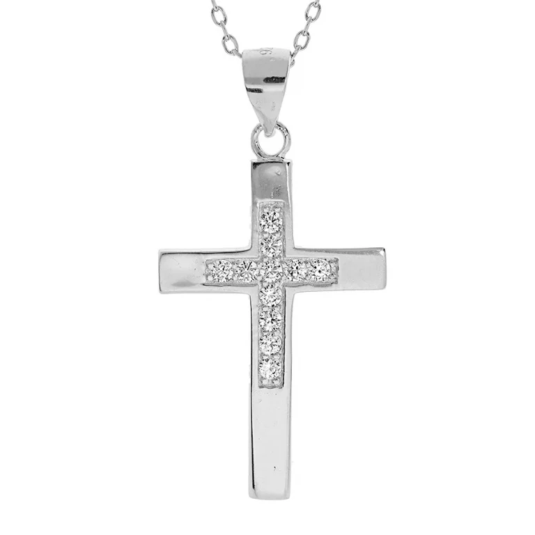 Collier grande croix à ligne d’oxydes blancs – Argent 925 rhodié | Azuline