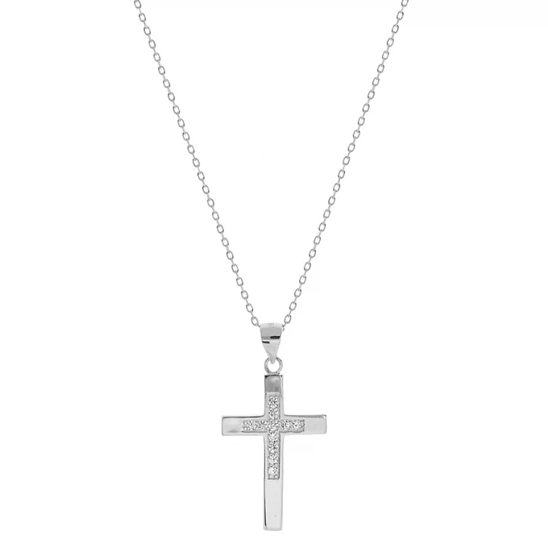 Collier grande croix à ligne d’oxydes blancs – Argent 925 rhodié | Azuline
