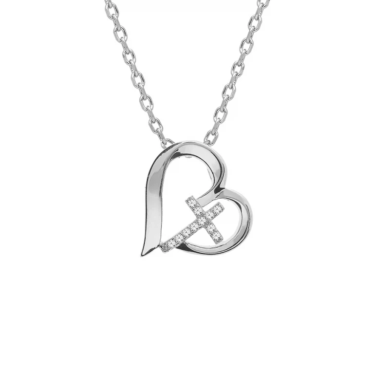 Collier cœur stylisé à croix sertie d’oxydes – Argent 925 rhodié | Azuline