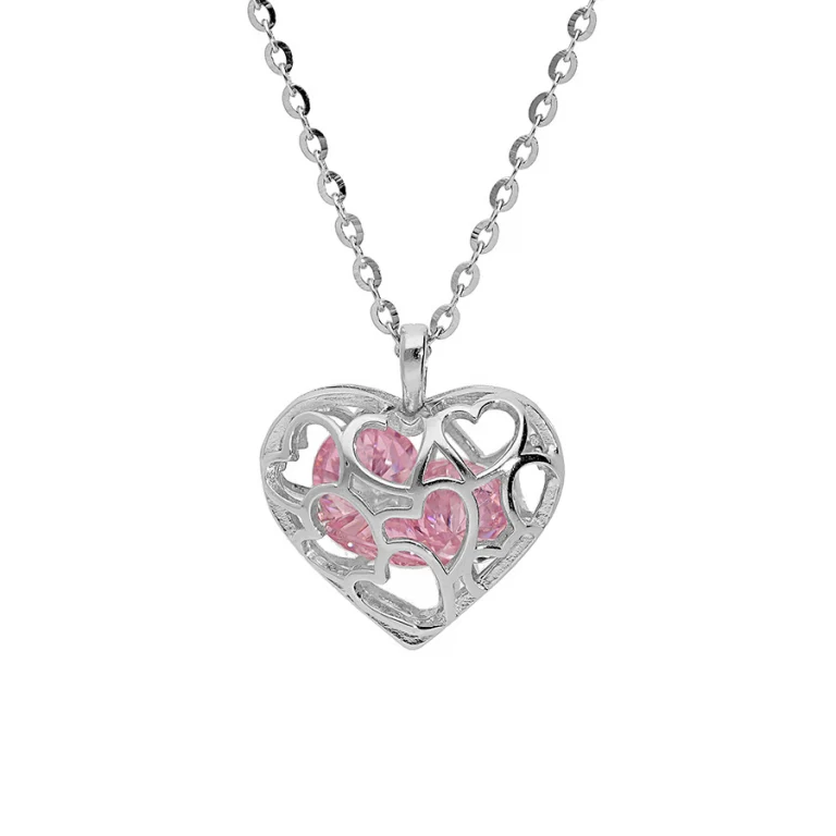 Collier cœur à oxyde rose ajouré – Argent 925 rhodié | Azuline