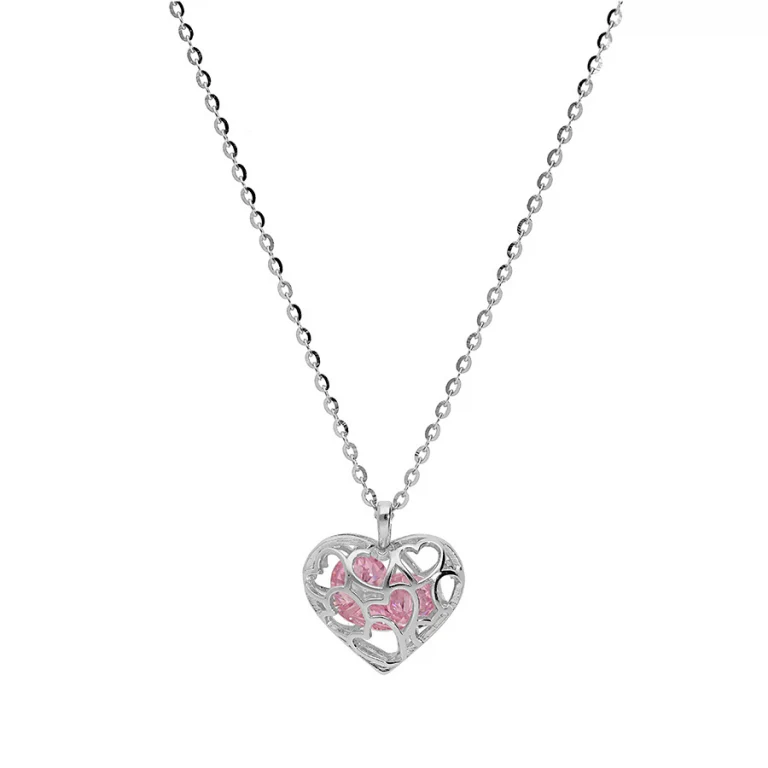 Collier cœur à oxyde rose ajouré – Argent 925 rhodié | Azuline