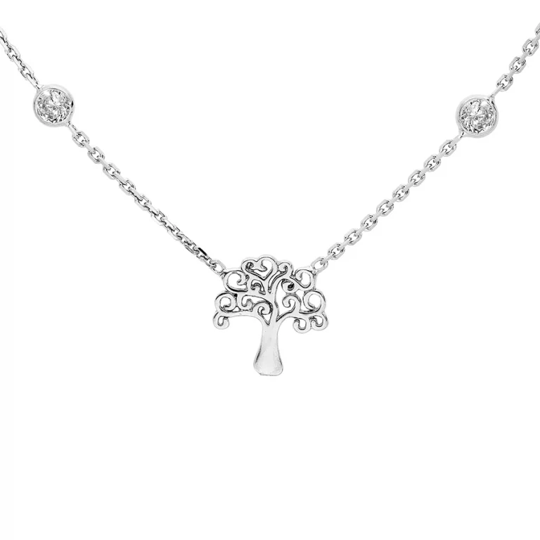 Collier arbre de vie serti de quatre oxydes blancs – Argent 925 rhodié | Azuline