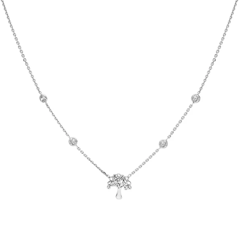 Collier arbre de vie serti de quatre oxydes blancs – Argent 925 rhodié | Azuline