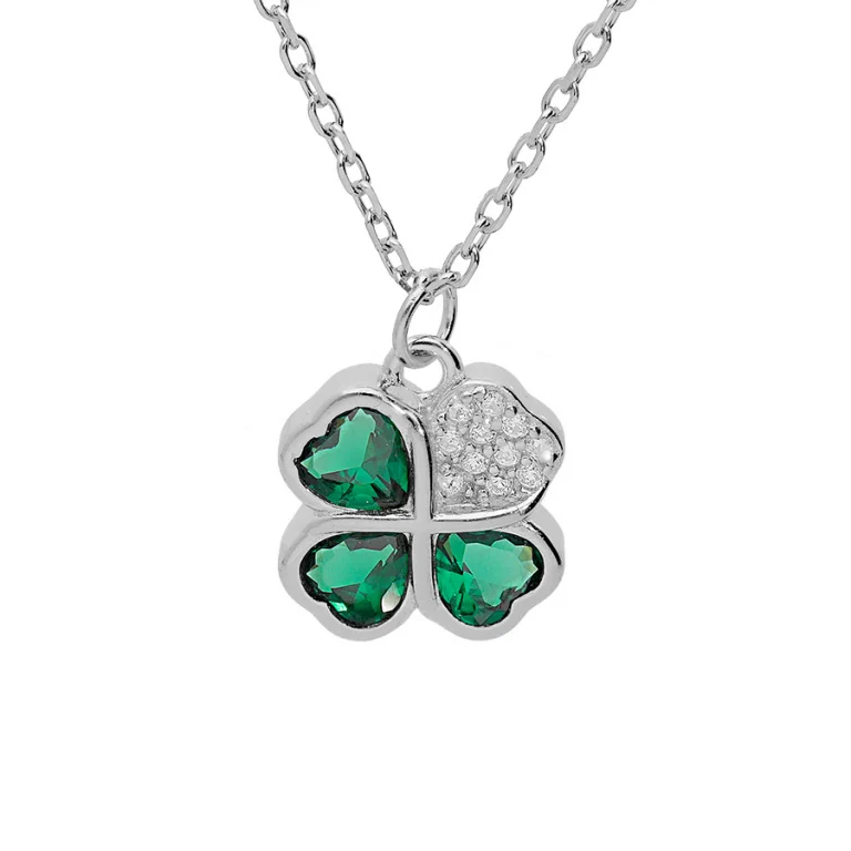 Collier trèfle serti d’oxydes verts et blancs – Argent 925 rhodié | Azuline