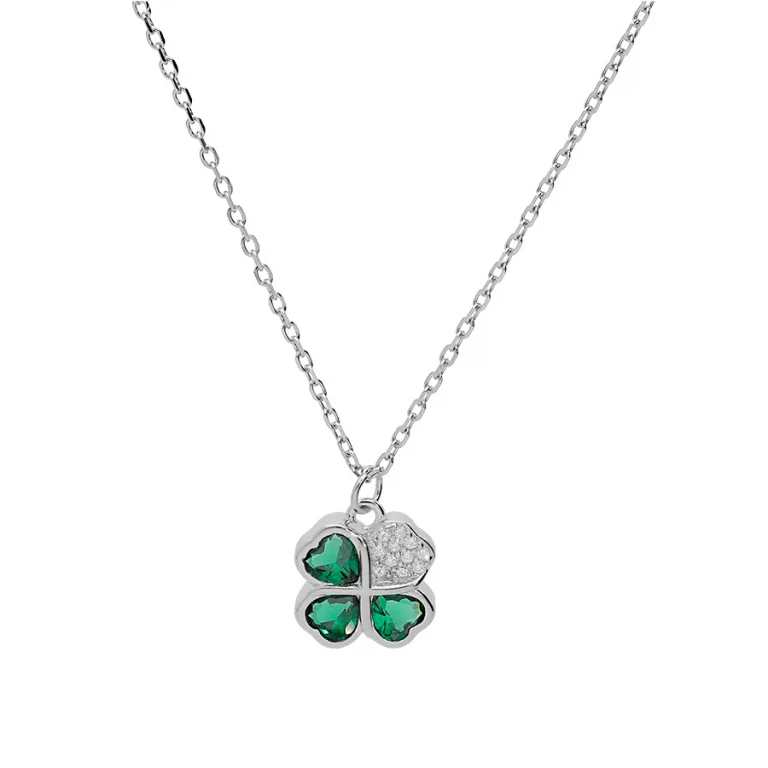 Collier trèfle serti d’oxydes verts et blancs – Argent 925 rhodié | Azuline