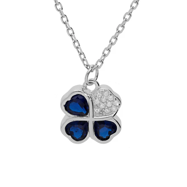 Collier trèfle serti d’oxydes bleus et blancs – Argent 925 rhodié | Azuline