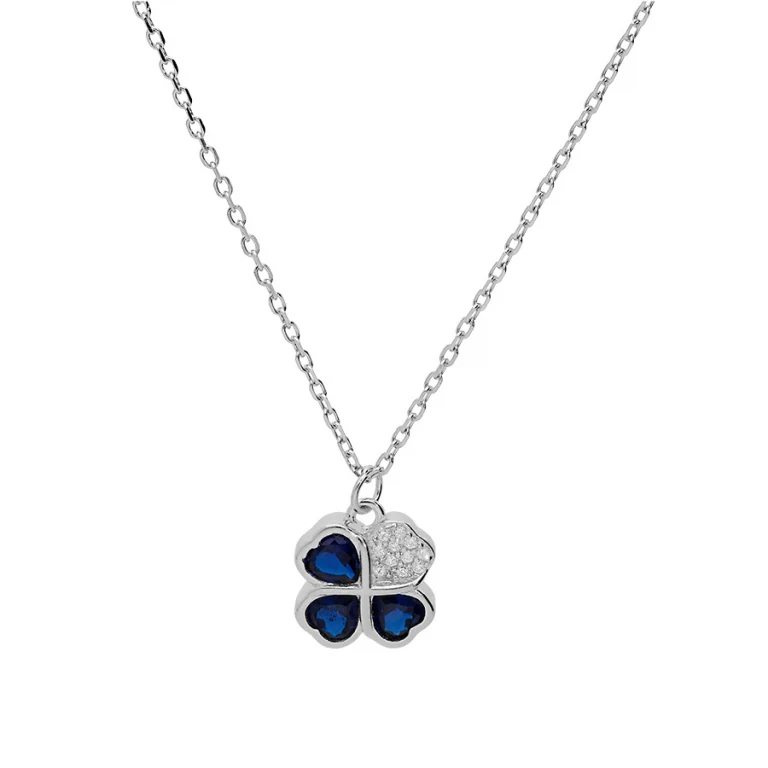 Collier trèfle serti d’oxydes bleus et blancs – Argent 925 rhodié | Azuline