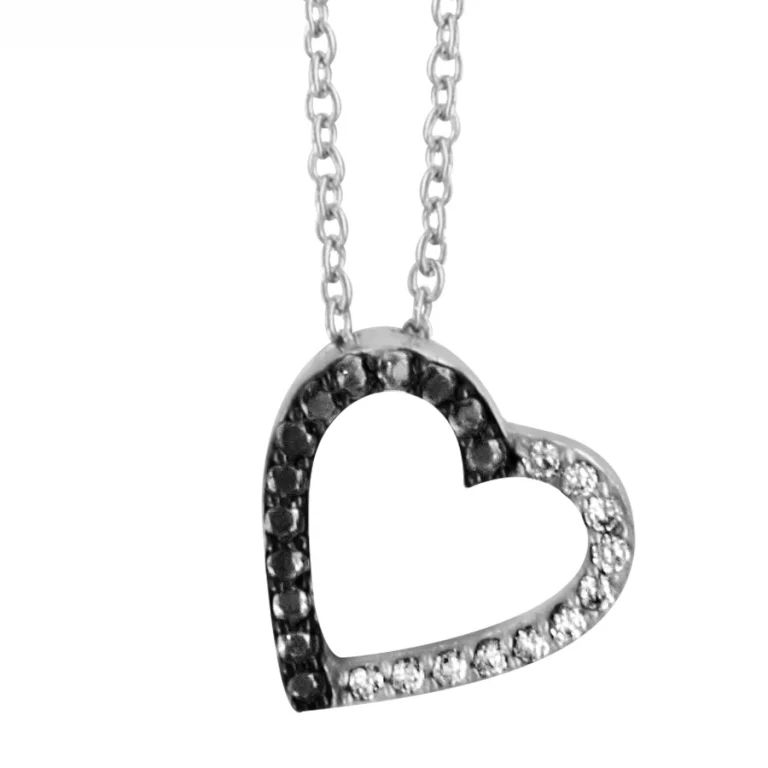 Collier cœur serti d’oxydes blancs et pierres noires synthétiques – Argent 925 rhodié | Azuline